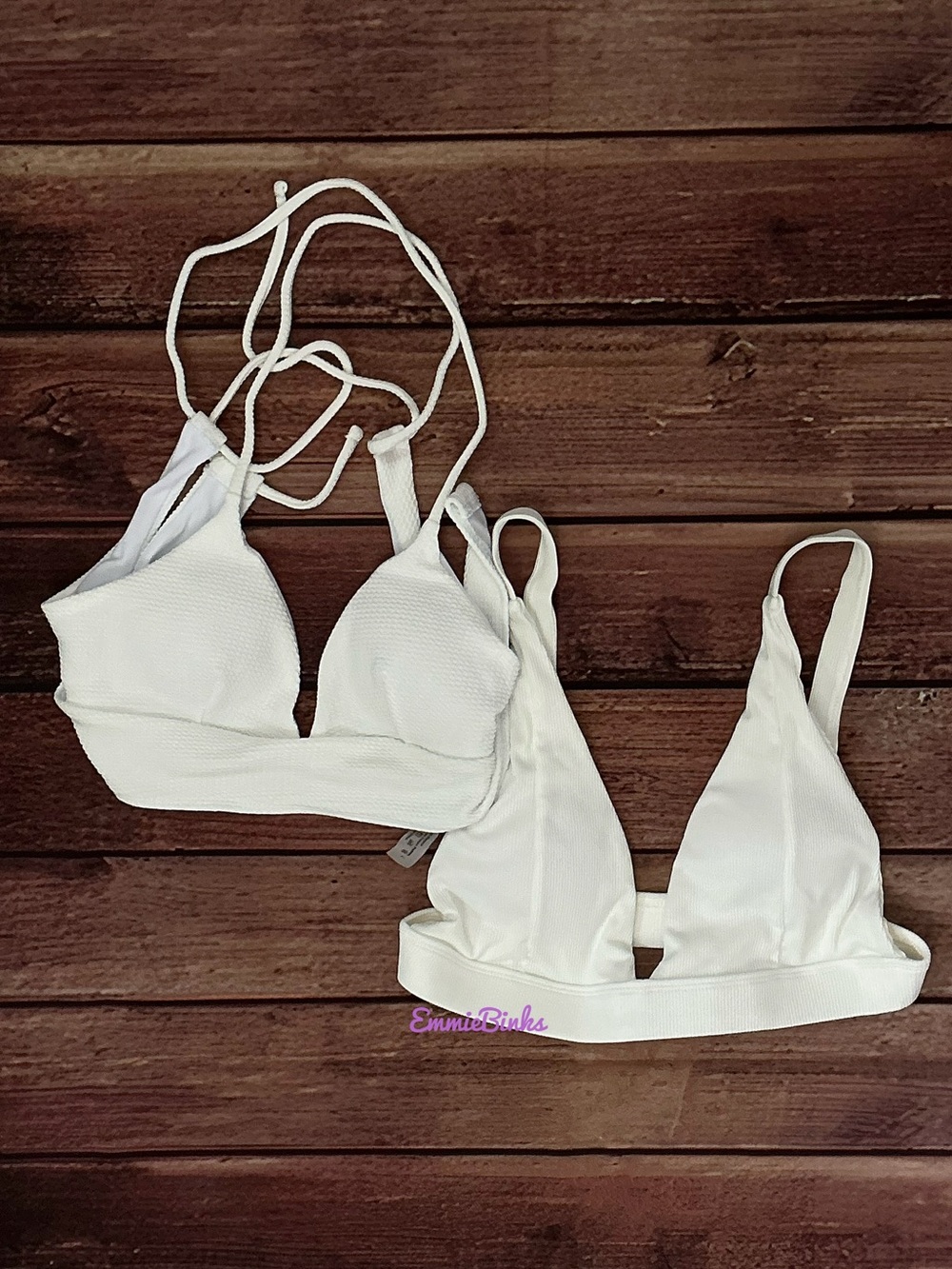 NWT 2 White Bikini Tops ~ Halter Lace Up Back Textured Swimsuit Tops